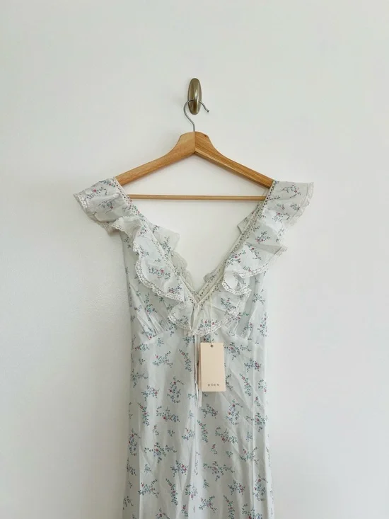 Doen Lucette Floral Maxi Dress Organic Cotton Lace Trim Blue White Size L NWT - Picture 6 of 9